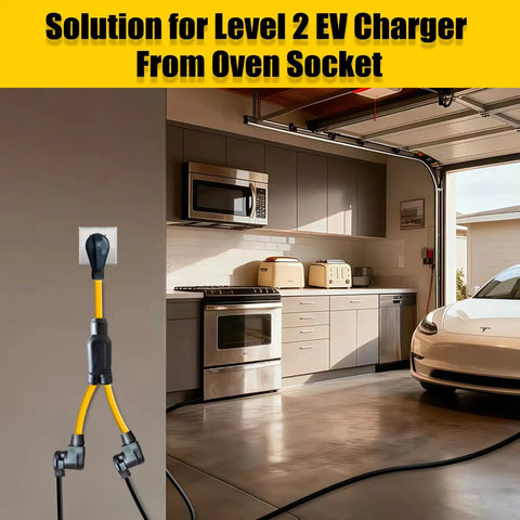 Heavy Duty 50 Amp Nema 10-50P To Dual 10-50R Y Splitter Cord connecting to oven socket for EV charger in garage.