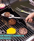 Backyard BBQ Essential 5 Piece Grill Tools Set With Heavy Duty Wire Brush Spatula Fork Tongs And Basting Brush For Outdoor Cooking Camping And Grilling Gift For Men Dad Grill Master Approved, spatula flipping burger on grill
