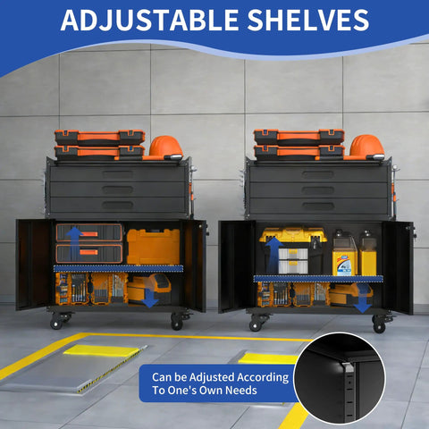 Three Foot Rolling Tool Cart With Lockable Swivel Casters Heavy Duty Three Drawer Storage Cabinet And Pegboard Organizer view of adjustable shelves.