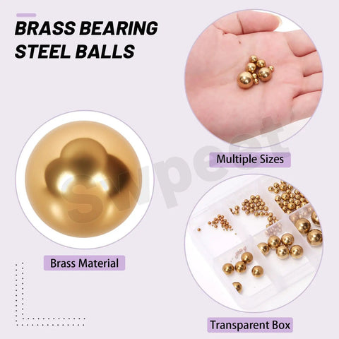 Top Shelf Precision Bearing Balls Assortment Kit Real Deal 120 Piece Imperial Set For Bikes And Casters Badass Smooth Rolling Upgrade and Durable Replacement Parts For Bike Shop Grinds, featuring brass bearing balls in various sizes.