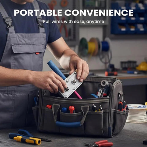 Person using No Sweat Pro Rig Wire Pulling Assistant Tool And Portable Cable Threading Machine With Drill Powered Automatic Cable Tugger.
