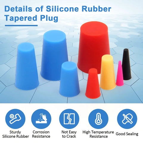 Pro Grade Heavy Duty All Purpose High Temp Silicone Rubber Tapered Plugs Kit 110 Piece Set in multiple colors on a hexagonal background
