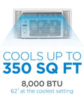 No Sweat With This White 8000 Btu Window Air Conditioner keeping small to medium rooms chill with four speed settings.