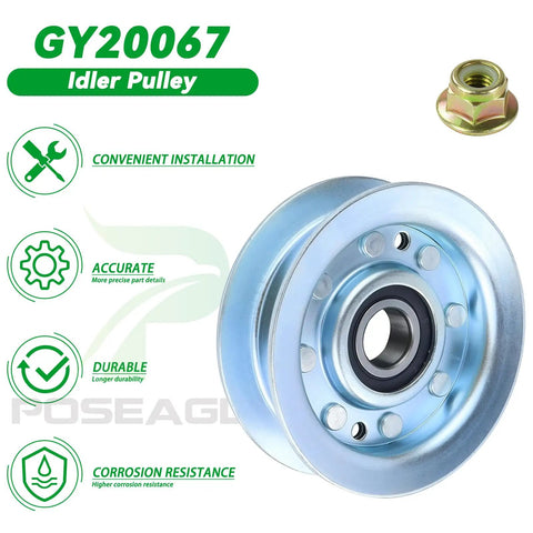 Straight Up Quality Idler Pulleys For John Deere Gy22172 And Gy20067 Heavy Duty Bearings For 42 And 48 Inch Mower Decks D140 L130 Models Easy Swap Runs Like New - GY20067 metallic idler pulley with a black bearing.