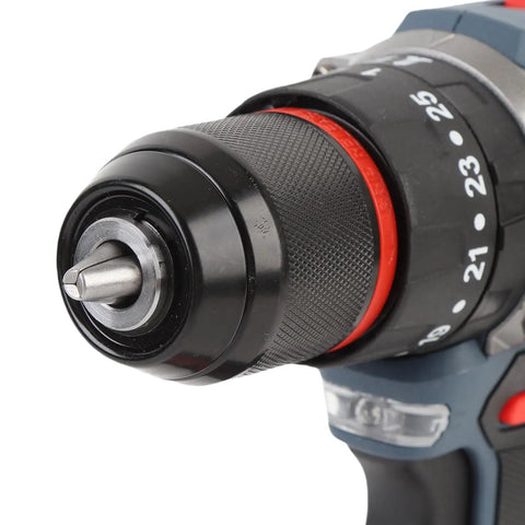 No Sweat Brushless Cordless Drill Kit Delivering 1500 RPM Speed And 45 Nm Torque With 25 Precision Adjustments close-up of drill chuck.