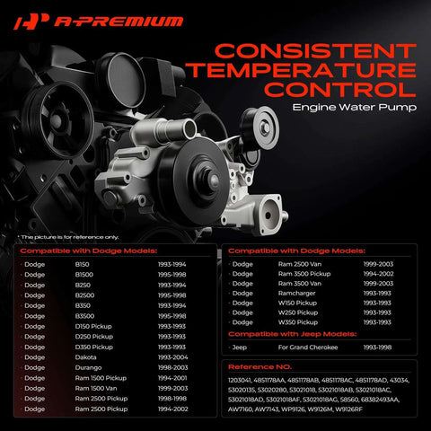 Premium Engine Water Pump Keeps Cool Under Pressure Dodge Ram 1500 Dakota Durango 3.9 5.2 5.9L V6 V8 overview and compatibility chart.
