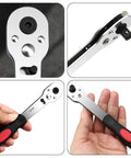 Close-up of Heavy Duty One Quarter Inch Ratcheting Wrench Set Forged From Durable Carbon Steel for tight spaces.