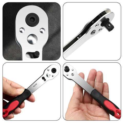 Close-up of Heavy Duty One Quarter Inch Ratcheting Wrench Set Forged From Durable Carbon Steel for tight spaces.