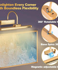 Cordless Picture Light With Dimmable Brightness And Timer, Controller Included, Rechargeable 5000mAh Battery, Gold Wall Sconce features 360° rotatable head and base, illuminating framed art.