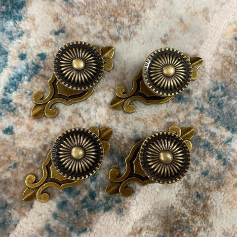Brass Cabinet Knobs Set With Vintage Mushroom Backplates Easy Install Dresser Pull Handles For Kitchen Cupboard Wardrobe Cabinets Gold Finish Retro Style 4 Pieces on soft textile background