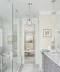 Small Crystal Chandelier Pendant Light Fixture With Elegant Sparkle One Light Adjustable Hanging Fixture For Entryway Bedroom Girls Room And Kitchen Island To Add That Lit Glow For Modern Home Decor shown in elegant bathroom setting