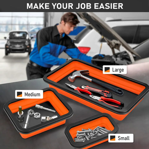 Collapsible Magnetic Parts Tray Set With 3 Foldable Silicone Tool Trays holding tools in garage, sizes large, medium, and small