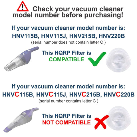 Image showing compatibility guide for Washable Filter Replacement For Black And Decker Hand Vacuums HNV115B HNV115J HNV215B HNV220B.