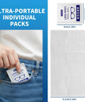 Lens cleaning wipes sachet in white pulled from jeans pocket; portable single-use lens cleaning wipes.