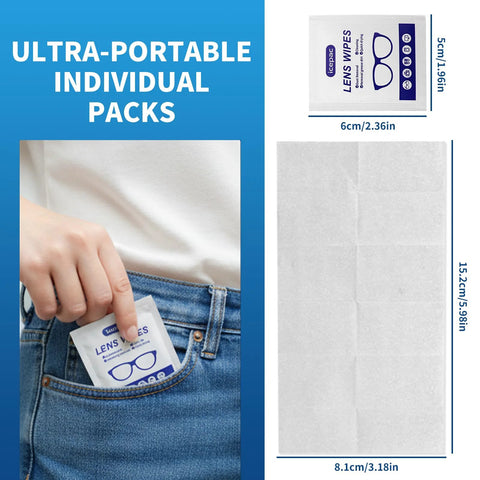 Lens cleaning wipes sachet in white pulled from jeans pocket; portable single-use lens cleaning wipes.