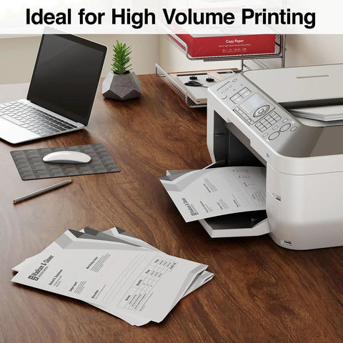 Premium White Copy And Printer Paper 8.5 X 11 Inches Twenty Pound Weight in use with a laser printer on a desk.