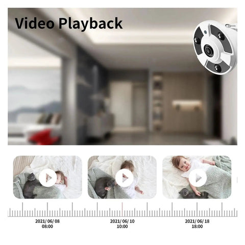 Dead Set Solid 8MP Wired Security Camera With Quick Face Detection Plus Super Crisp 4K Night Vision And A Massive Total 180 Degree Panoramic Lens View System Forever showing video playback of indoor scenes.
