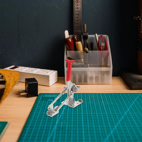 Adjustable Toggle Latch Clamp Heavy Duty Quick Release for cabinets and toolboxes on a workbench with tools visible
