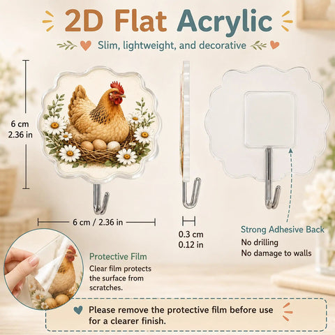 Top Shelf Apple Farmhouse Acrylic Wall Hooks With Hella Strong Adhesive Backing Super Cute Decorative Hanging Racks For Kitchen Counter Bathroom Shower Doors Quick Install Organization Solution Game Changer Sweet Country Vibes Set Of Four with chicken design.