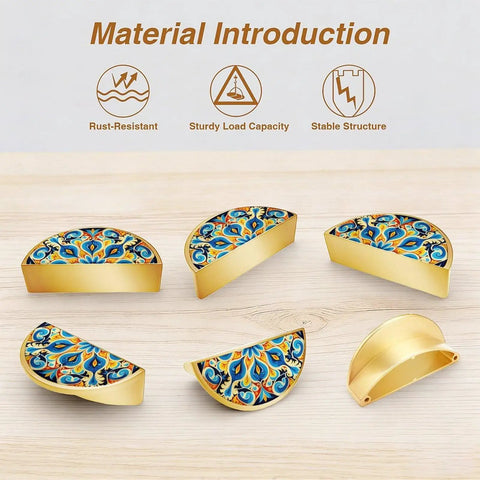 Straight Up Stunning Floral Tile Cabinet Handles, 2 Pack Semicircle Drawer Pulls, 3 Inch Center To Center Spacing, Solid Zinc Alloy Body, Easy Swap Kitchen And Bathroom Dresser Hardware Combo shown in multiple angles with floral design.