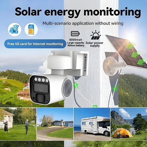4G LTE Solar Security Camera Wireless Outdoor With Built In SIM Card IP65 Rated 360 Degree Live View Two Way Audio No WiFi Required Plug And Play Off Grid Surveillance mounted on a wooden post with solar panel and outdoor scenery.
