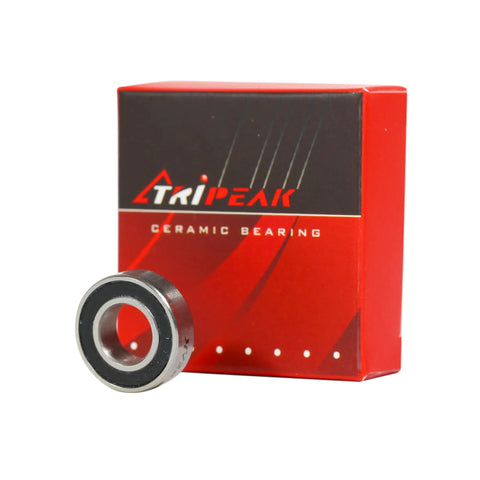 Top Shelf Silicon Nitride Ceramic Hybrid Bearing Grade 5 next to packaging, 8mm ID, 16mm OD, 5mm width, ideal for custom restorations.