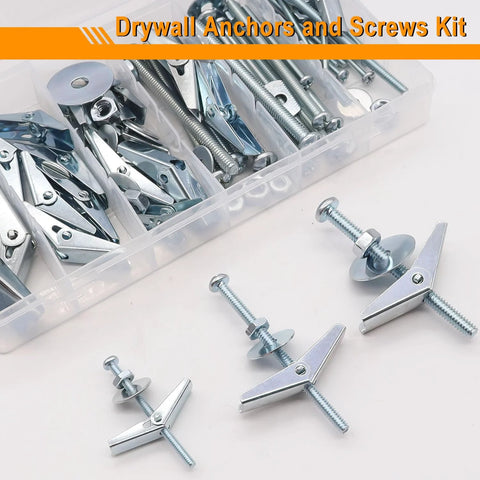 100-Piece Heavy Duty Toggle Bolts And Drywall Anchors Assortment Kit With Wing Nuts, Spacers And Washers displayed
