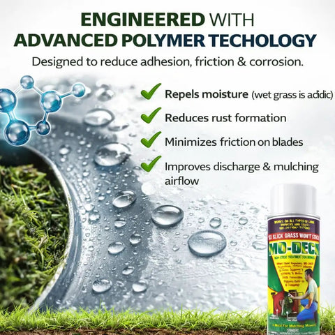 Nonstick Lawn Mower Deck Spray With Pressurized Can To Deter Grass Clipping Buildup And Easy Release Reduces Clumping Protects Mower Deck From Breakdowns Metal Safe Spray On 11 Oz shown with water beads and grass