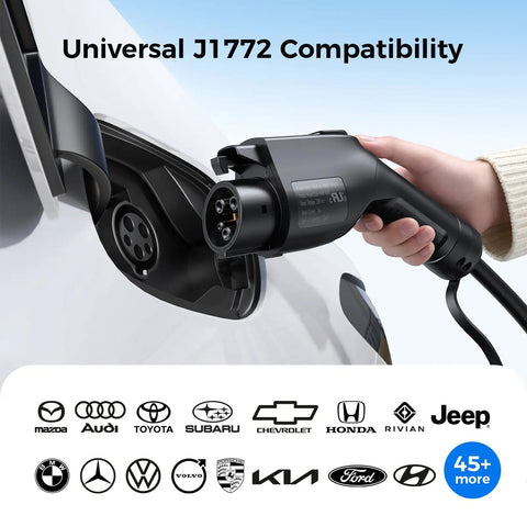 Smooth Setup And Slick Performance Level 1 And Level 2 EV Charger With J1772 Connector in use connecting to an electric vehicle.
