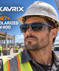 Top Shelf Polarized Safety Sunglasses With Category 4 Extra Dark Smoke Lenses worn by a man on a construction site.
