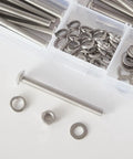 M3 Button Head Socket Cap Screws And Hex Nuts Assortment Kit With Flat And Lock Washers Crafted From Slick 304 Stainless Steel For Heavy Duty Fixes And Nitty Gritty Auto Work Projects display with screw, nut, and washers.