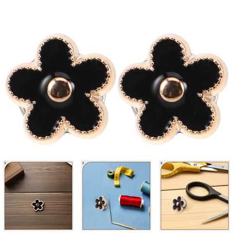 Total Fashion Hack With These Pocket Ready Black Flower Button Covers And Alloy Brooch Pins For Dresses No Sew Snap Fasteners That Secure Fits Tightly And Elevate Daily Vibe, close-up view of black flower snap buttons with gold edges.