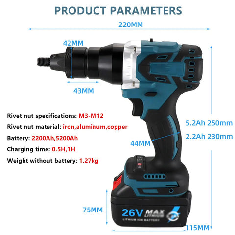 Heavy Duty Cordless Rivet Nut Gun Kit With Two Rechargeable Packs For Zero Wire Drags Quick M3 To M12 Fastening Power Boosted Installation Tool showing product dimensions and battery specs.