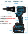 Pro Grade 2 In 1 Cordless Rivet Nut Gun With 5200mAh Battery, side view showing specifications for automotive and sheet metal jobs.