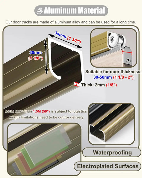 Champagne Gold Box Rail Kit For Sliding Barn Doors Featuring Heavy Duty Build With Four Wheel Stainless Steel Nylon Pulley Set Handling 200 Pounds Providing Super Silky Glide Over 124 Inch 315 cm Thick Aluminum Track great for interior door installation.