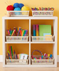 Slick And Solid Plastic Storage Baskets For Classroom Organizing And Teacher Desk Organization Premium Beige Containers filled with craft supplies.