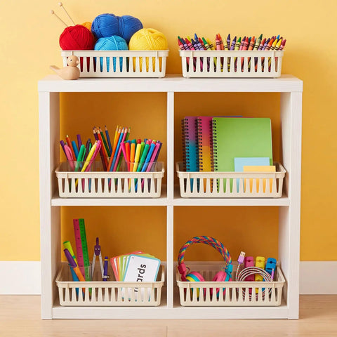 Slick And Solid Plastic Storage Baskets For Classroom Organizing And Teacher Desk Organization Premium Beige Containers filled with craft supplies.