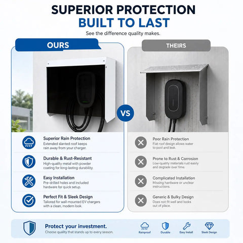 Kickass Wall Mount Weatherproof EV Charger Cover Rock Solid Shield Built Like A Tank With Ventilated Heat Sink Universal Fit Anti Glare Sun Shade Box For Indoor Outdoor Zero Fuss Charging Care comparison infographic featuring the superior weatherproof design.