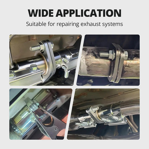 Heavy Duty Zero Hassle Universal 2 Bolt Exhaust Flange Repair Piping Kit With Premium 304 Stainless Steel Gasket Set and Fasteners for Quick Pipe Swap on 2 Inch Tubes to Get Back on the Road displayed in various installation angles.