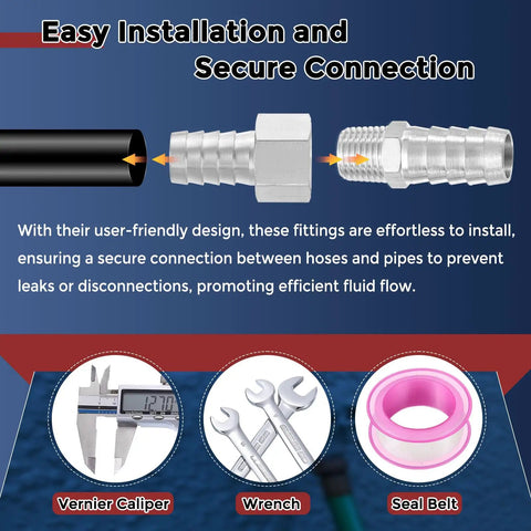 Pack of 2 Stainless Steel Hose Barb Fittings 3/8 Inch to 1/2 Inch NPT Female, secure connection illustration with tools shown
