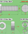 M10 Hex Bolts And Nuts Set With Flat And Spring Washers M10x50mm Fully Threaded Bolts And M10 Nuts 304 Stainless Steel Fasteners diagram