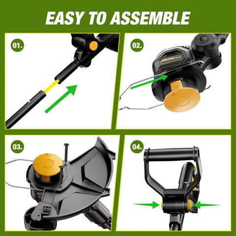 Cordless String Trimmer For Dewalt 20V Max Battery 12 Inch Electric Weed Wacker assembly steps showing components with auto line feed