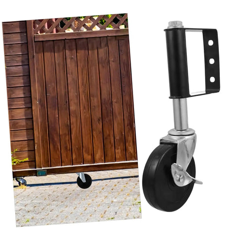 Heavy Duty Gate Caster Wheels With Adjustable Height Metal Elastic Support shown on wooden gate with smooth glide mechanism.