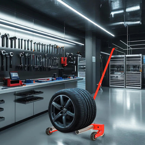 Heavy Duty Tire Dolly 330 Lbs Adjustable Rolling Wheel Cart Fits 6.5 To 31.5 Inch Rims in a garage with tools.