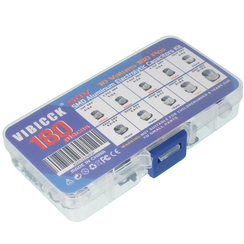 Professional Grade Top Shelf Smd Aluminum Electrolytic Capacitor Assortment 180 Piece Maker Kit in storage box.