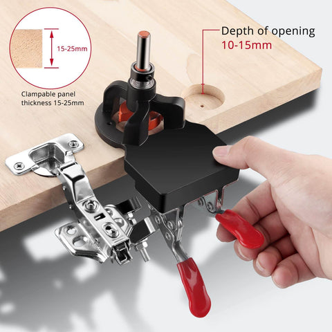 Durable 35mm Concealed Hinge Jig for Cabinets and Wood Furniture, Aluminum Alloy Precision Tool with Double Clip being used