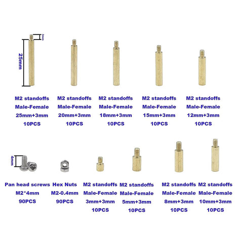 Rad M2 Brass Knurled Standoff Assortment Kit With Tough As Nails Round Spacers And Stainless Steel Screws And Nuts For Pro Tech Builds And Awesome 270Pc Diy Fixes showing various sizes of brass standoffs and screws.