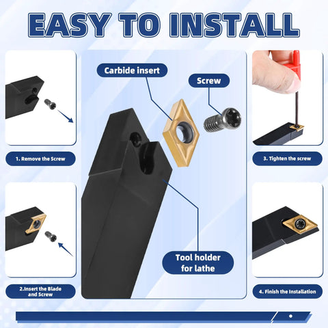 21-Piece Indexable Lathe Tool Set installation guide focusing on carbide inserts and tool holder for precise machining.