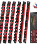 Six Piece Magnetic Socket Organizer And Screwdriver Organizer Set With Three Socket Rails For Quarter Inch, Three Eighth Inch, And Half Inch Drives, Metric And SAE, Plus Three Holders For Screwdrivers And Wrenches, Tools Not Included.