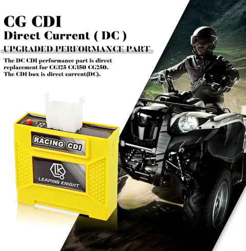 DC CDI Box High Performance Racing Part With Digital Adjustable 9 Ignition Curves for CG125 CG150 CG250 next to a quad bike.